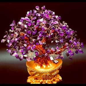 Golden lucky  decorative tree  with amethyst gemstone 20 cm in length in a box